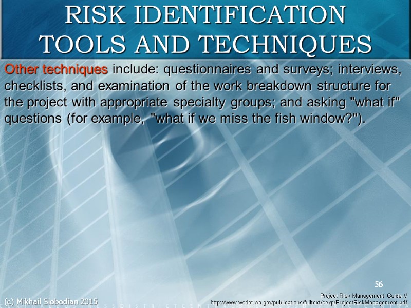 56 RISK IDENTIFICATION TOOLS AND TECHNIQUES Other techniques include: questionnaires and surveys; interviews, checklists,